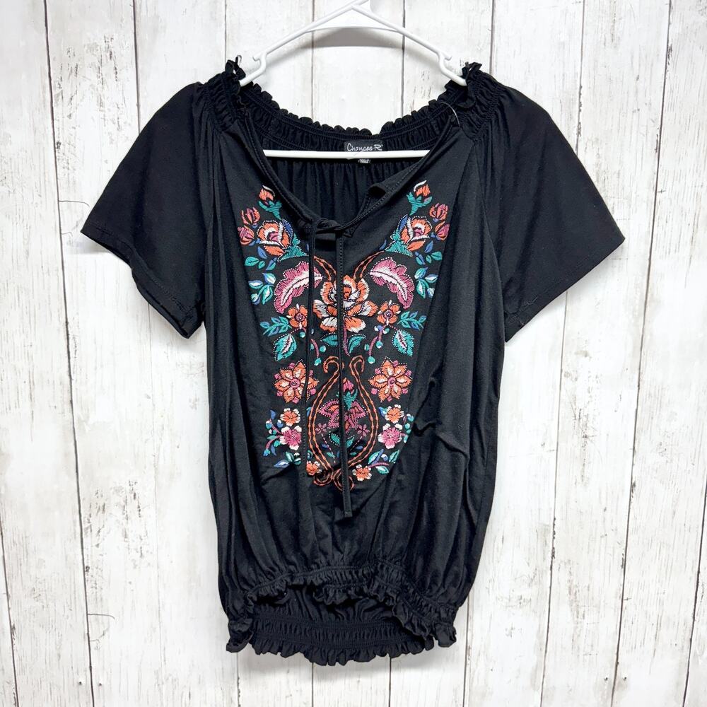Chances R Blouse Women Size Large Black Embroidered Smocked Short Sleeve Peasant